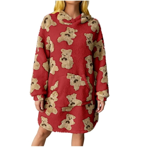 Women's Fleece Hooded Nightgown Cute Long Sleeve Flannel Sleepdress Fuzzy Sleepwear Pajama Loungewear with Pockets