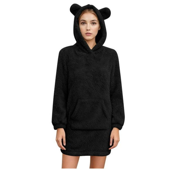 Women’s Fleece Hooded Nightgown Long Sleeve Flannel Sleepwear with Pockets Soft Warm Fuzzy Pullover Pajama Dress for Cozy Winter Nights,Black,XXL