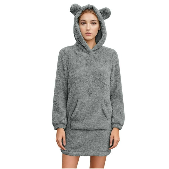 Women’s Fleece Hooded Nightgown Long Sleeve Flannel Sleepwear with Pockets Soft Warm Fuzzy Pullover Pajama Dress for Cozy Winter Nights,Dark Gray,XL