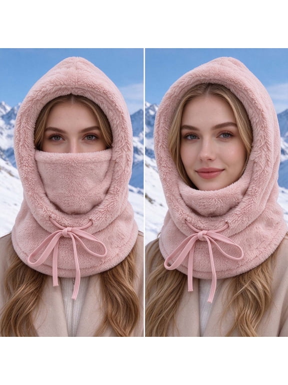 Women's Fleece Hooded Winter Cycling Mask Hat - Thick Pullover Cap with Windproof Neck Face Cover, Warm for Skiing Cold Weather Outdoor Sports