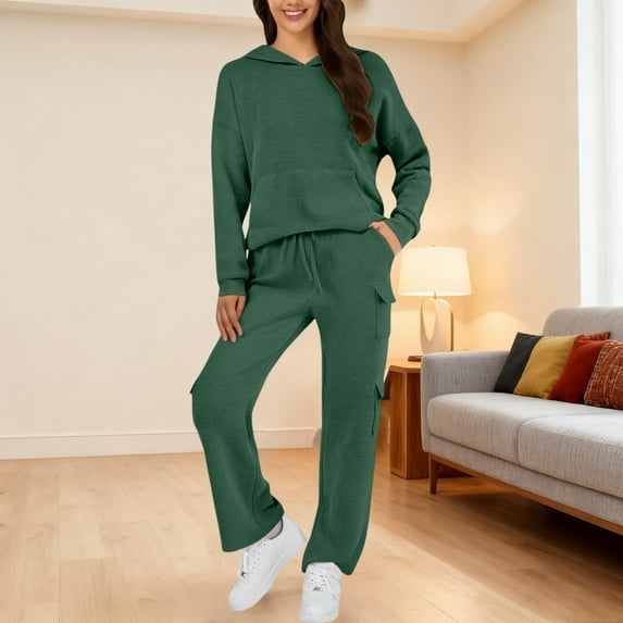 Women's Fleece Hoodie and Cargo Jogger Set, Two Piece Activewear, Drawstring Waist Sweatsuit, Outdoor Running Outfit, Lounge Wear Set, Multi-pocket Sweatpants Set Green XL