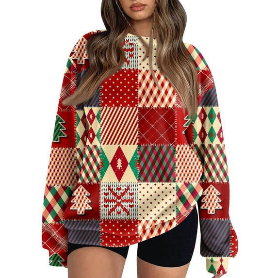 Women's Fleece Hoodie with Long Sleeve Round Neck, Casual Comfortable Loose-Fit Lightweight, Christmas Plaid Print for Vintage Sportswear,Vermilion,XL