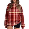 thumbnail image 1 of Women's Fleece Hoodie with Long Sleeve Round Neck, Casual Comfortable Loose-Fit Lightweight, Christmas Plaid Print for Vintage Sportswear,Watermelon Red,XL, 1 of 6