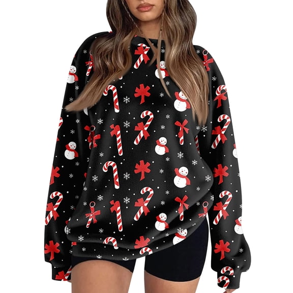 Women's Fleece Hoodie Long Sleeve Round Neck Casual Comfortable Loose-Fit Lightweight Hoodie with Plaid Christmas Design for Winter Season and Comfortable Wear,Black,L