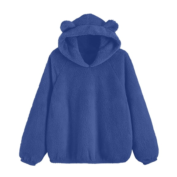 Women's Fleece Hoodie Long Sleeve Soft Warm Sherpa Bear Ear Hooded Sweaters Cute Sweatshirt Pullover Tops Loose (XL, Blue)