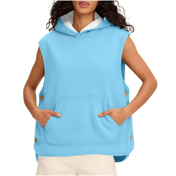 Women's Fleece Hoodie Vest Jacket Casual Sleeveless Sherpa Lined Side Split Coat Solid Color Cozy Hooded Oversized Outerwear with Pocket
