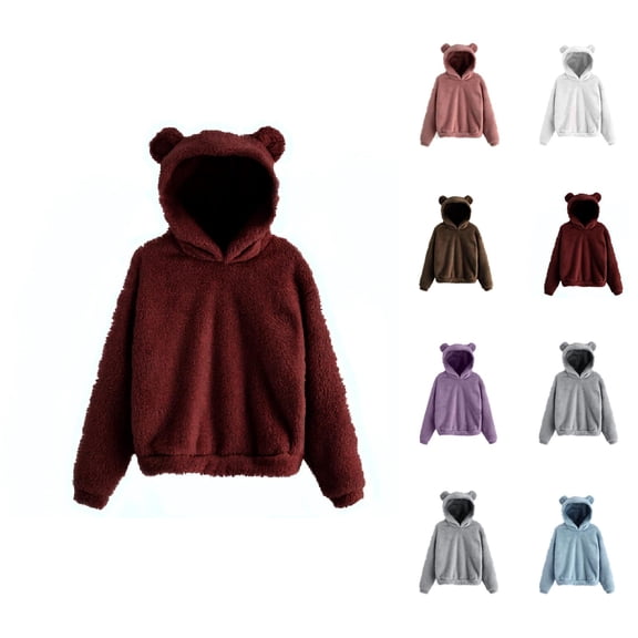 Women's Hoodie with Cute Bear Hood Fall Winter Long Sleeve Warm Hooded Sweatshirt Pullover Tops