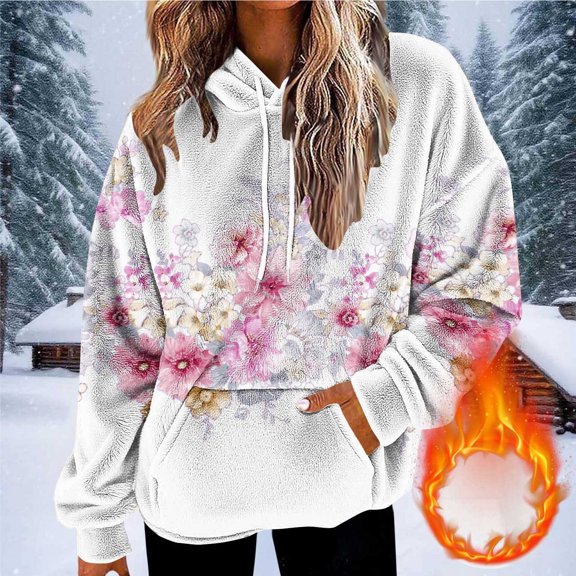 Women's Fleece Hoodies Fuzzy Cozy Oversized Hooded Sweatshirt Fashion Floral Printed Winter Jackets Crewneck Pullover Loose Soft Outerwear Tops with Pocket