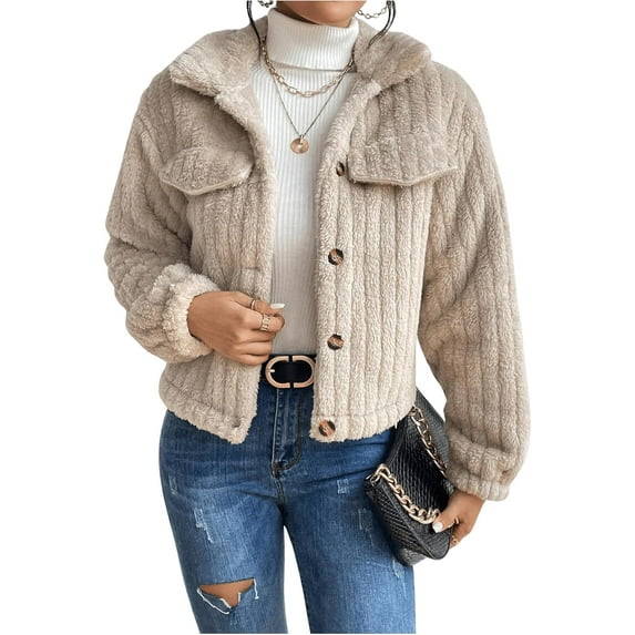 Women's Fleece Jacket Button Down Collared Fuzzy Teddy Jacket Warm Coat Outerwear