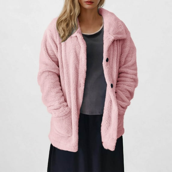Women's Fleece Jacket Button Down Lightweight Casual Fuzzy Sherpa Hoodie Jacket Outerwear Winter Coat with Pockets (2XL, Pink)