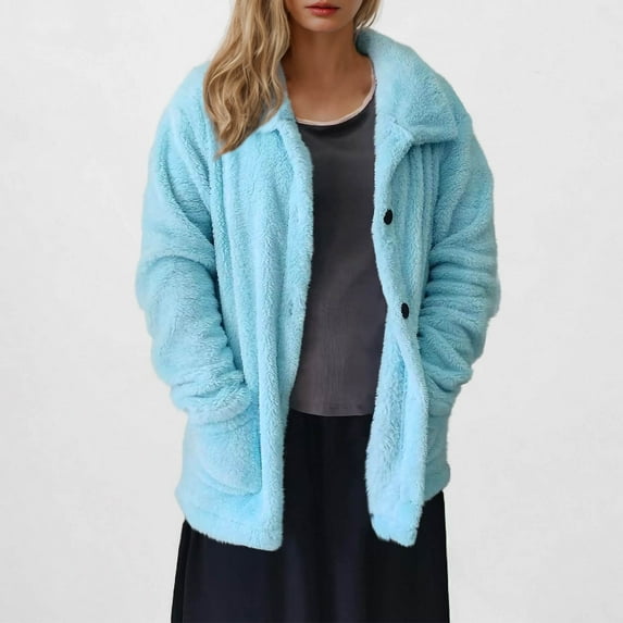 Women's Fleece Jacket Button Down Lightweight Casual Fuzzy Sherpa Hoodie Jacket Outerwear Winter Coat with Pockets (S, Light Blue)