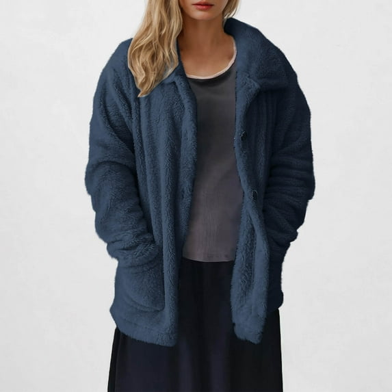 Women's Fleece Jacket Button Down Lightweight Casual Fuzzy Sherpa Hoodie Jacket Outerwear Winter Coat with Pockets (S, Navy)
