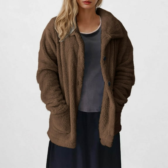 Women's Fleece Jacket Button Down Lightweight Casual Fuzzy Sherpa Hoodie Jacket Outerwear Winter Coat with Pockets (XL, Brown)