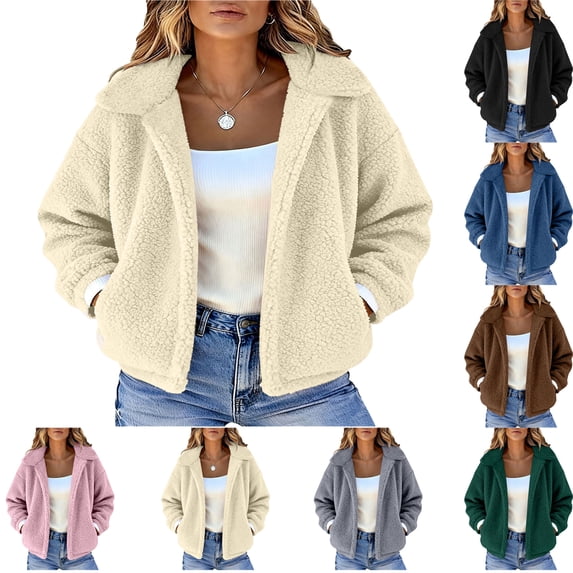 Women's Fleece Jacket Casual Lapel Fuzzy Faux Shearling Coats Loose Fit Warm Winter Outwear Short Faux Fur Coat Casual Shaggy Jacket with Pockets Warm Winter Fluffy Cute Jackets For Women