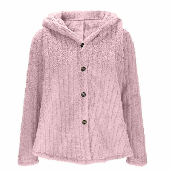 Women's Fleece Jacket Fluffy Fuzzy Hooded Coats Cotton Teddy Bear Coat Winter Plush Warm Jackets Sherpa Faux Fur Coat Button Down Outerwear Pink M