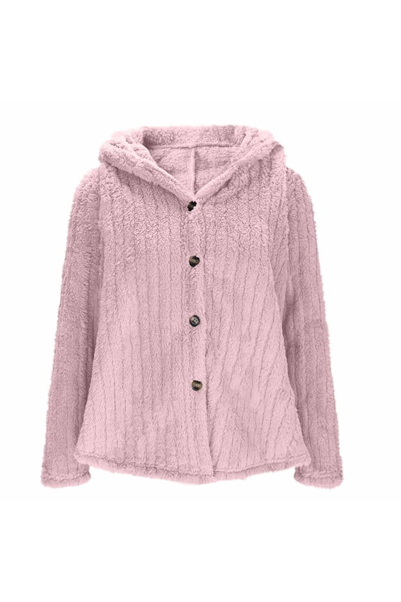 Women's Fleece Jacket Fluffy Fuzzy Hooded Coats Cotton Teddy Bear Coat Plush Jackets Sherpa Faux Fur Coat Button Down Outerwear Pink M
