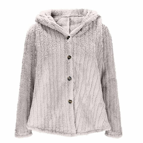 Women's Fleece Jacket Fluffy Fuzzy Hooded Coats Ladies Teddy Bear Coat Winter Plush Warm Jackets Sherpa Faux Fur Coat Button Down Outerwear