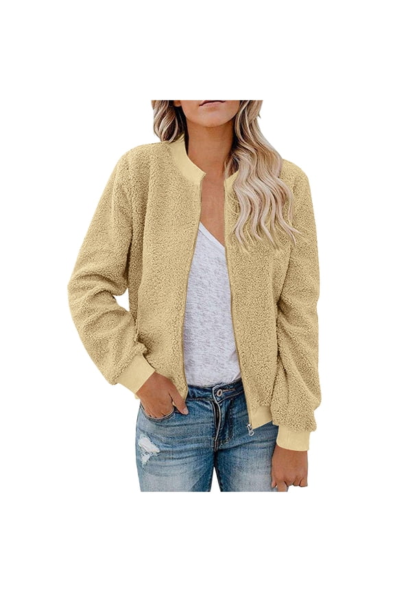 Women's Fleece Jacket Full Zip Long Sleeve Casual Warm Bomber Coats Solid Color Winter Fall Outerwear (M, Khaki)