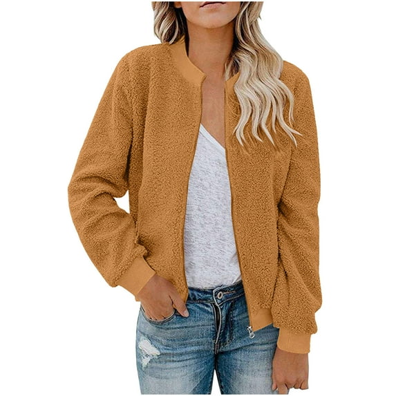 Women's Fleece Jacket Full Zip Long Sleeve Casual Warm Bomber Coats Solid Color Winter Fall Outerwear (S, Coffee)