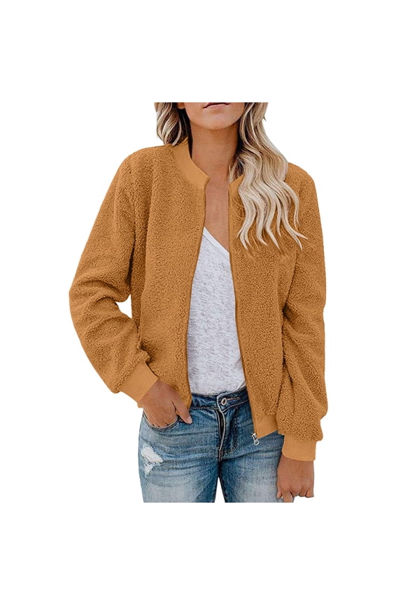 Women's Fleece Jacket Full Zip Long Sleeve Casual Warm Bomber Coats Solid Color Winter Fall Outerwear (XL, Coffee)