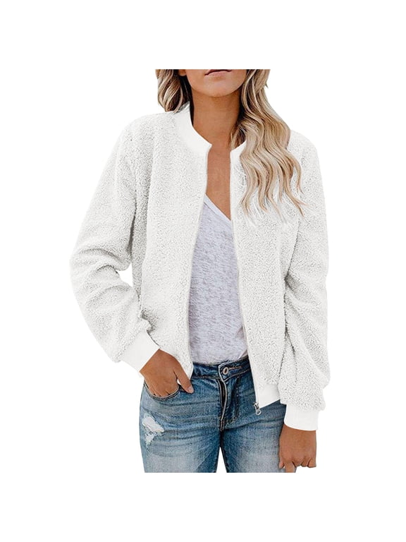 Women's Fleece Jacket Full Zip Long Sleeve Casual Warm Bomber Coats Solid Color Winter Fall Outerwear (XL, White)