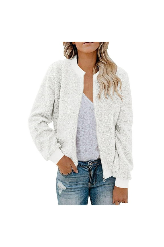 Women's Fleece Jacket Full Zip Long Sleeve Casual Warm Bomber Coats Solid Color Winter Fall Outerwear (XL, White)