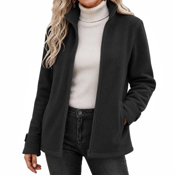 Women's Fleece Jacket Full Zip Long Sleeve Coat Stand Collar with Pocket,Lightweight Warm Fall Winter Daily Casual Comfy Wear,Black,XL