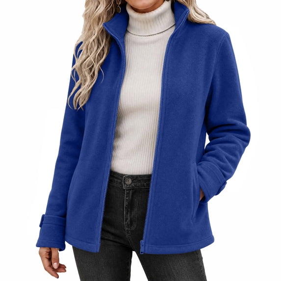 Women's Fleece Jacket Full Zip Long Sleeve Coat Stand Collar with Pocket,Lightweight Warm Fall Winter Daily Casual Comfy Wear,Blue,XL