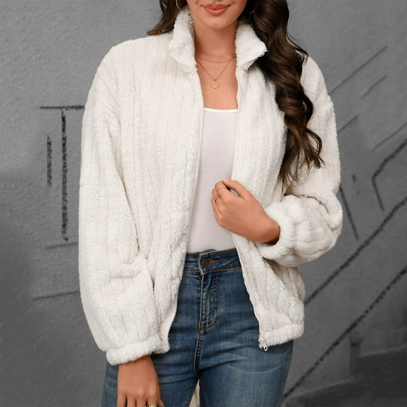 Women's Fleece Jacket Full Zipper Long Sleeve Fuzzy Sherpa Coat Outerwear Warm Winter Oversized Cozy Jackets for Women
