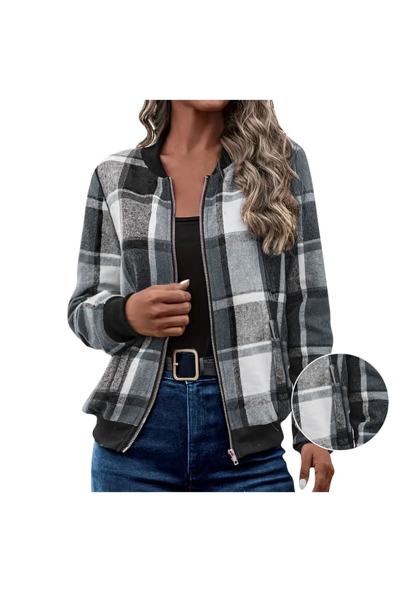 Women's Fleece Jacket Lined Zip Up Plaid Flannel Coat Fashionable Printed Comfortable And Casual Loose Pocket Long Sleeved T-shirt Cardigan Zipper Hooded Jacket Top Fall Winter Outfits Gray,L