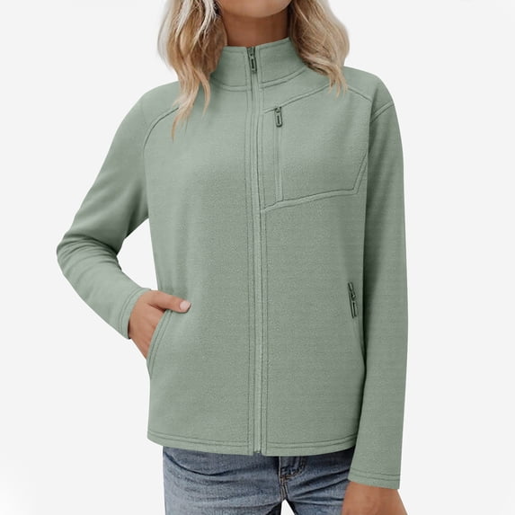 Women's Fleece Jacket, Long Sleeve Stand Collar Casual Zip up Active Coat with Pockets Plus Size Coats for Lady Green M