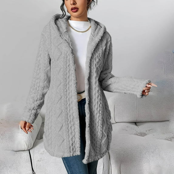 Women's Fleece Jacket Oversized Sherpa Hoodie Open Front Hooded Cardigan Cozy Soft Warm Long Sleeve Buttons Outerwear with Pockets