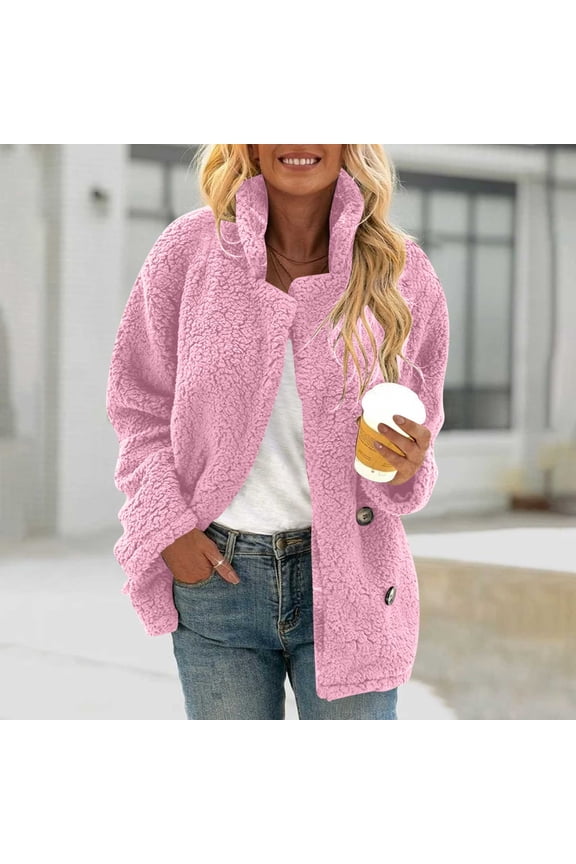 Women's Fleece Jacket Oversized Sherpa Teddy Bear Cardigan Faux Fur Coat Stand Collar Long Sleeve Button with Pockets Winter Warm Outerwear
