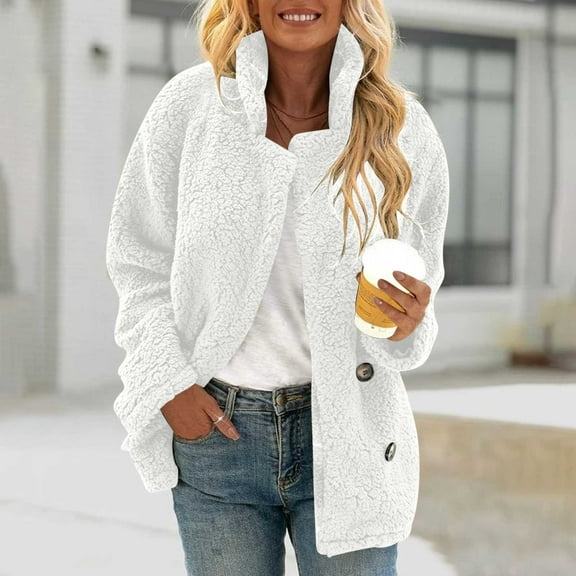 Women's Fleece Jacket Oversized Sherpa Teddy Bear Cardigan Faux Fur Coat Stand Collar Long Sleeve Button with Pockets Winter Warm Outerwear