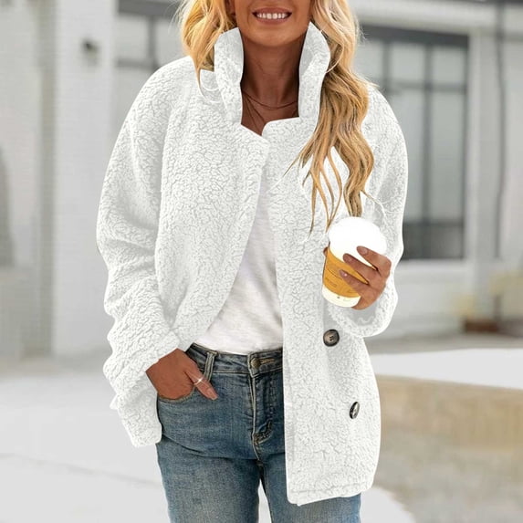 Women's Fleece Jacket Oversized Sherpa Teddy Bear Cardigan Faux Fur Coat Stand Collar Long Sleeve Button with Pockets Winter Warm Outerwear