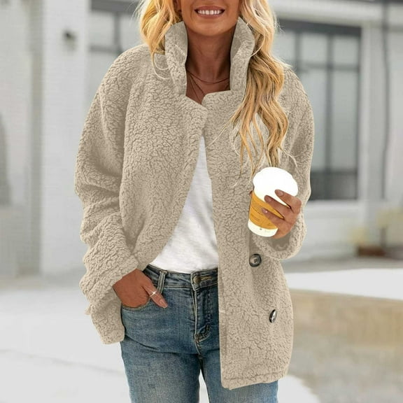 Women's Fleece Jacket Oversized Sherpa Teddy Bear Cardigan Faux Fur Coat Stand Collar Long Sleeve Button with Pockets Winter Warm Outerwear