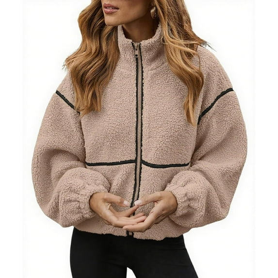 Women's Fleece Jacket, Oversized Zip Up Winter Coat, Soft Plush Outerwear, High Collar Warm Jacket, Casual Winter Coat, Fall Fashion Jacket, Pocket Detail Coat Beige L