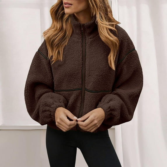 Women's Fleece Jacket, Oversized Zip Up Winter Coat, Soft Plush Outerwear, High Collar Warm Jacket, Casual Winter Coat, Fall Fashion Jacket, Pocket Detail Coat Brown L