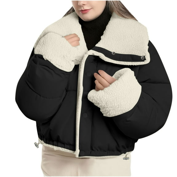 Women's Fleece Jacket Sherpa Lined Puffer Long Sleeve Button Down Cropped Coat Quilted Fuzzy Warm Winter Coats Outerwear (M, Black)