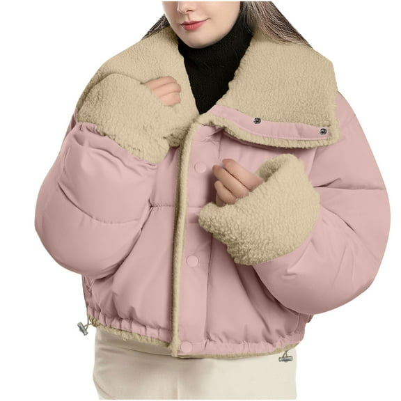 Women's Fleece Jacket Sherpa Lined Puffer Long Sleeve Button Down Cropped Coat Quilted Fuzzy Warm Winter Coats Outerwear (M, Pink)