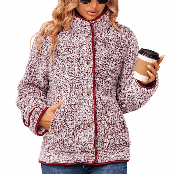 Women's Fleece Jacket Sherpa Teddy Fleece Coat Button Front Warm Outerwear with Pockets Stand Collar for Fall Winter
