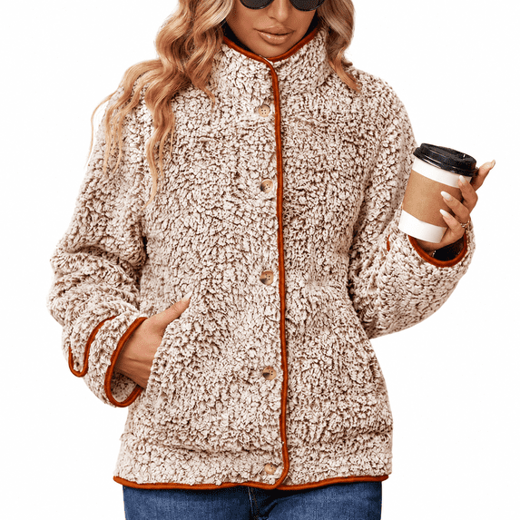 Women's Fleece Jacket Sherpa Teddy Fleece Coat Button Front Warm Outerwear with Pockets Stand Collar for Fall Winter