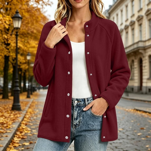 Women's Fleece Snap Button Jacket, Stand Collar Long Sleeve Casual Winter Coat With Pockets, Soft Fleece Outdoor Jacket For Women, Warm Sherpa Lined Coat Wine L