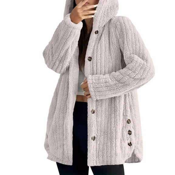 QHFBli Womens Winter Linened Hoodies Long Sleeve Button Down Jackets with Pockets Oversized Sherpa Fuzzy Warm Coats