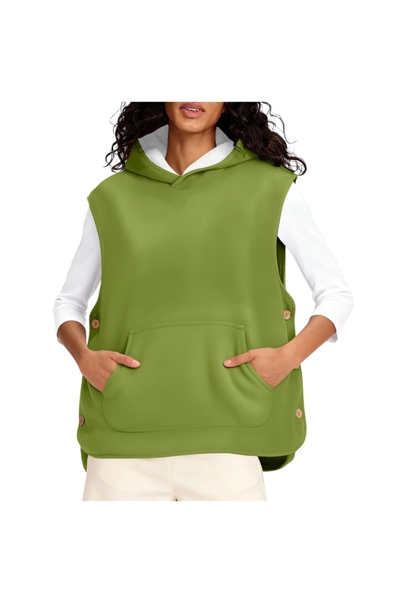 Women's Fleece Jacket, Women's Casual Regular Fit Solid Color Sleeveless Hooded Loose Composite Fleece Top Jacket with Pockets & Side Buttons, Women's Casual Tops