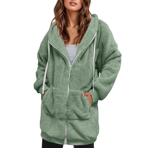 Women's Fleece Jacket Zip up Plush Coat Oversized Sherpa Lined Warm Winter Outerwear with Hood Long Sleeve Sweater Jackets
