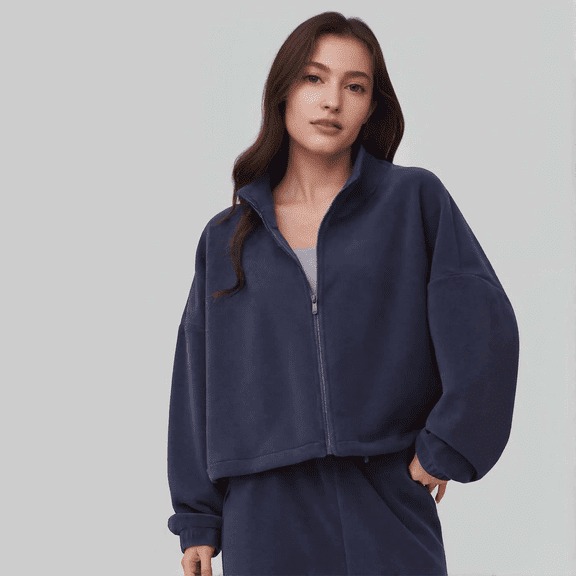 Women’s Fleece Jacket with Warm Lining – Stand Collar Zip-Up Sports Cardigan, Loose Fit Fall/Winter