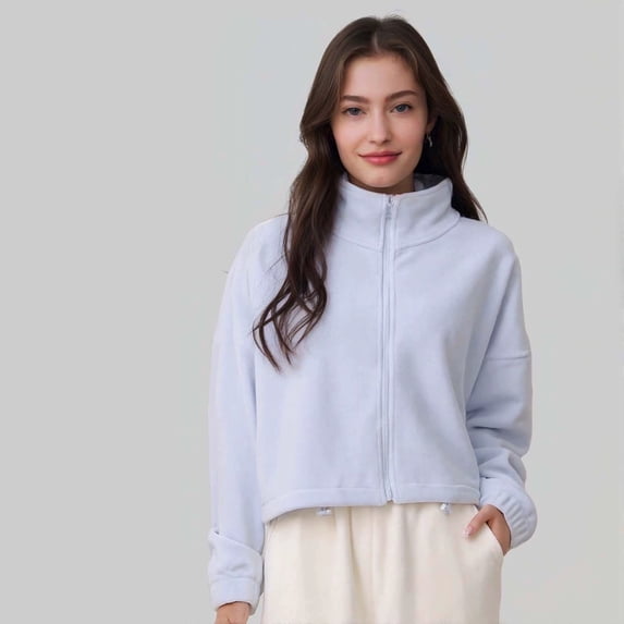 Women’s Fleece Jacket with Warm Lining – Stand Collar Zip-Up Sports Cardigan, Loose Fit Fall/Winter