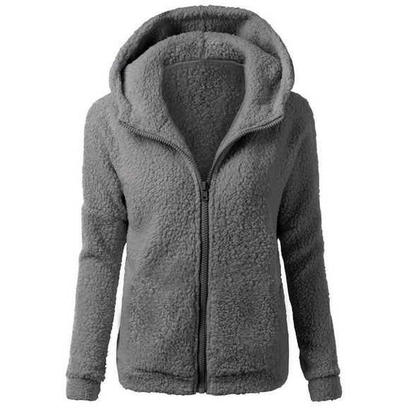 Women's Fleece Jackets Long Sleeve Zip Up Solid Color Hooded Sweatshirts Lightweight Winter Loose Coat Jacket