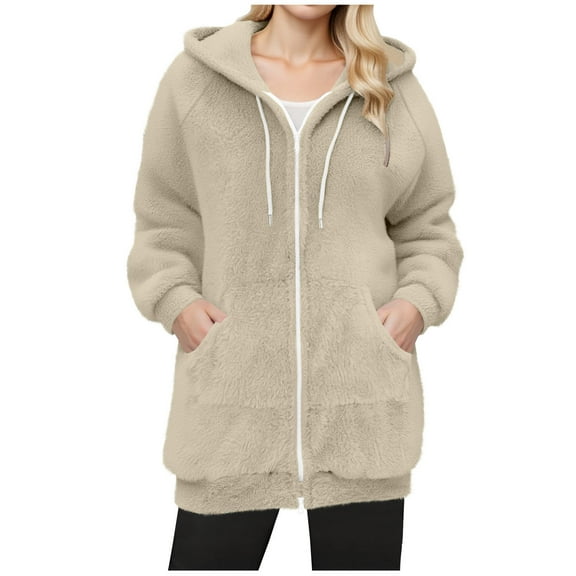 Women's Fleece Jackets Winter Full Zip Warm Soft Hoodies Casual Comfy Long Jacket Double-Sided Velvet Sweaters Tops Fuzzy Hooded Outerwear Loose Outdoor Coats with Pockets